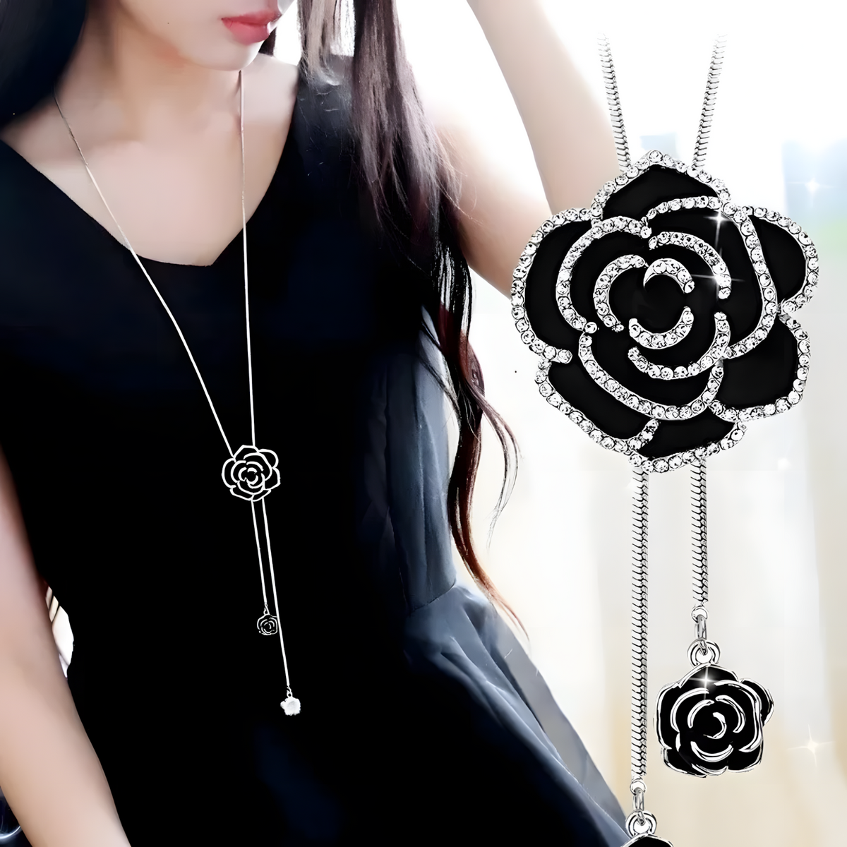 Black Rose Long Pendant Necklace for Women – Zinc Alloy Metal Chain 1211