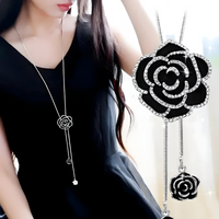Black Rose Long Pendant Necklace for Women – Zinc Alloy Metal Chain 1211
