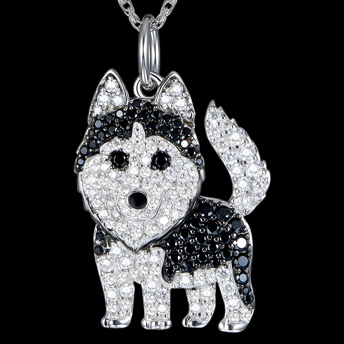 Husky Dog Pendant Necklace For Women Black And Clear Crystal Animal Charm  B232