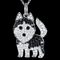 Husky Dog Pendant Necklace For Women Black And Clear Crystal Animal Charm  B232