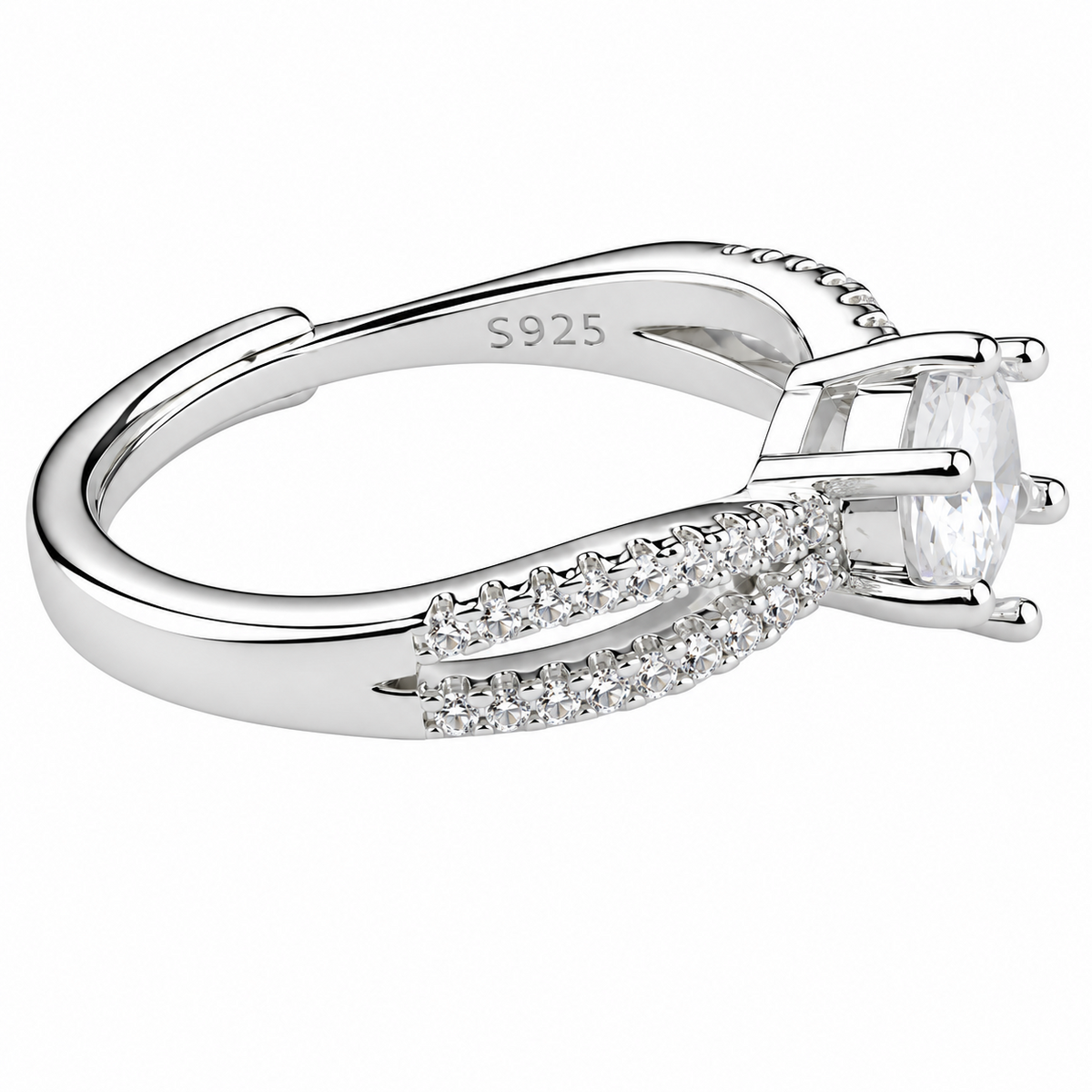 Adjustable Round Brilliant Zircon Engagement Ring, Silver Tone Double Pave  1657