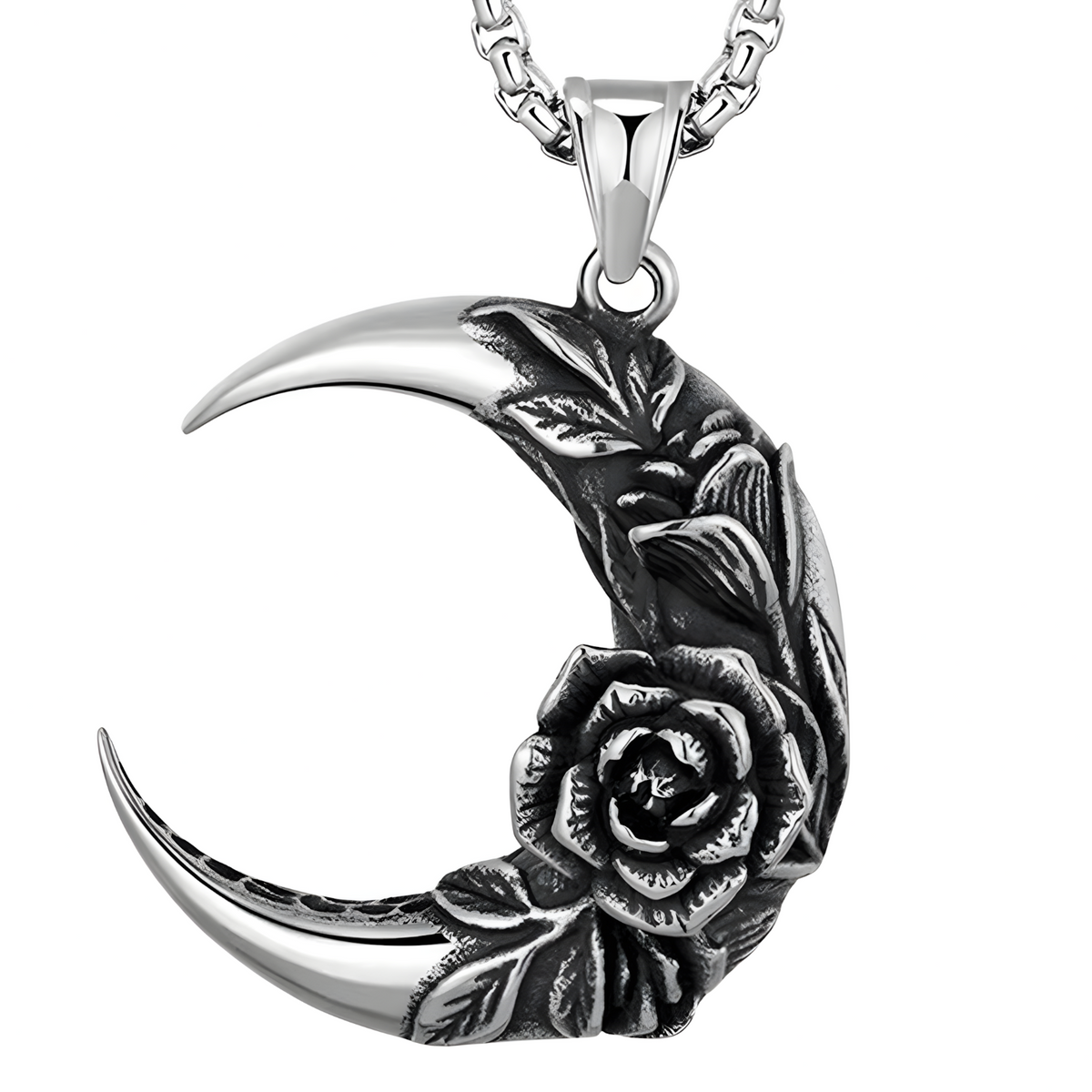 Vintage Crescent Moon Rose Pendant Necklace - Gothic Romantic Moon & Rose 1482