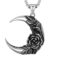 Vintage Crescent Moon Rose Pendant Necklace - Gothic Romantic Moon & Rose 1482