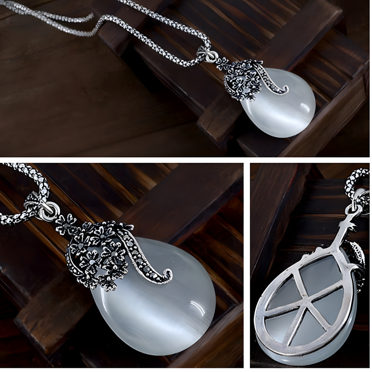 Vintage Teardrop Pendant Necklace & Drop Earrings Set eardrop Cat’s Eye 1470