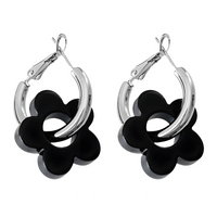 Zinc Alloy & Acrylic Flower Hoop Earrings Women – Trendy Black Retro Floral 990