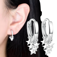 Sterling Silver Dangle Hoop Earrings Women, Rhodium Plated Star Drop Earring 479