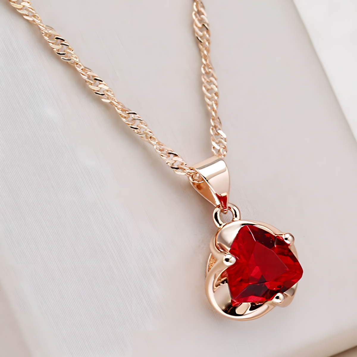Red Natural Zircon Heart Pendant Necklace for Women, Copper 585 Rose Gold 1276