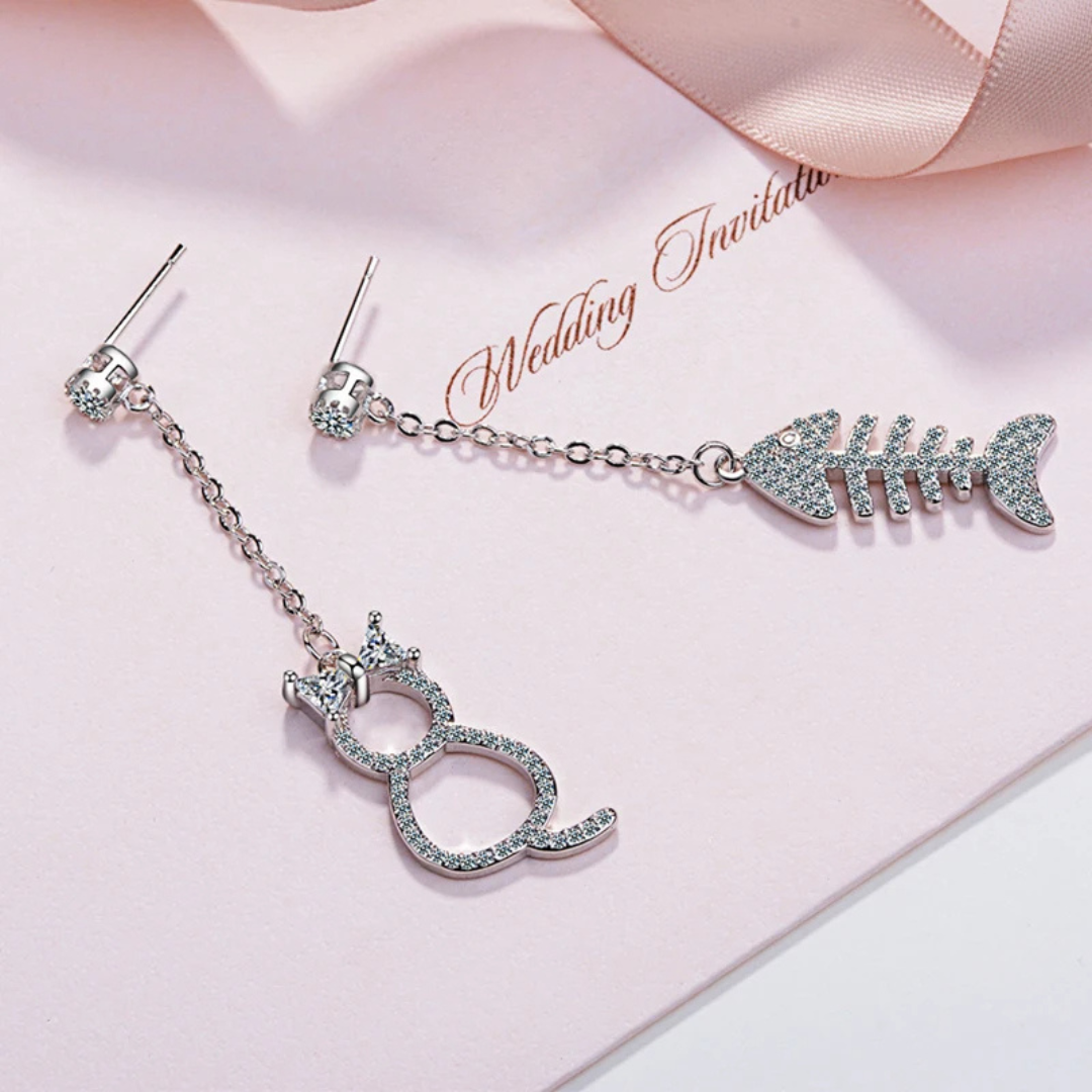 Exquisite Cat & Fishbone Mismatch Drop Earrings Women Sparkling CZ Accents 297
