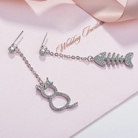 Exquisite Cat & Fishbone Mismatch Drop Earrings Women Sparkling CZ Accents 297