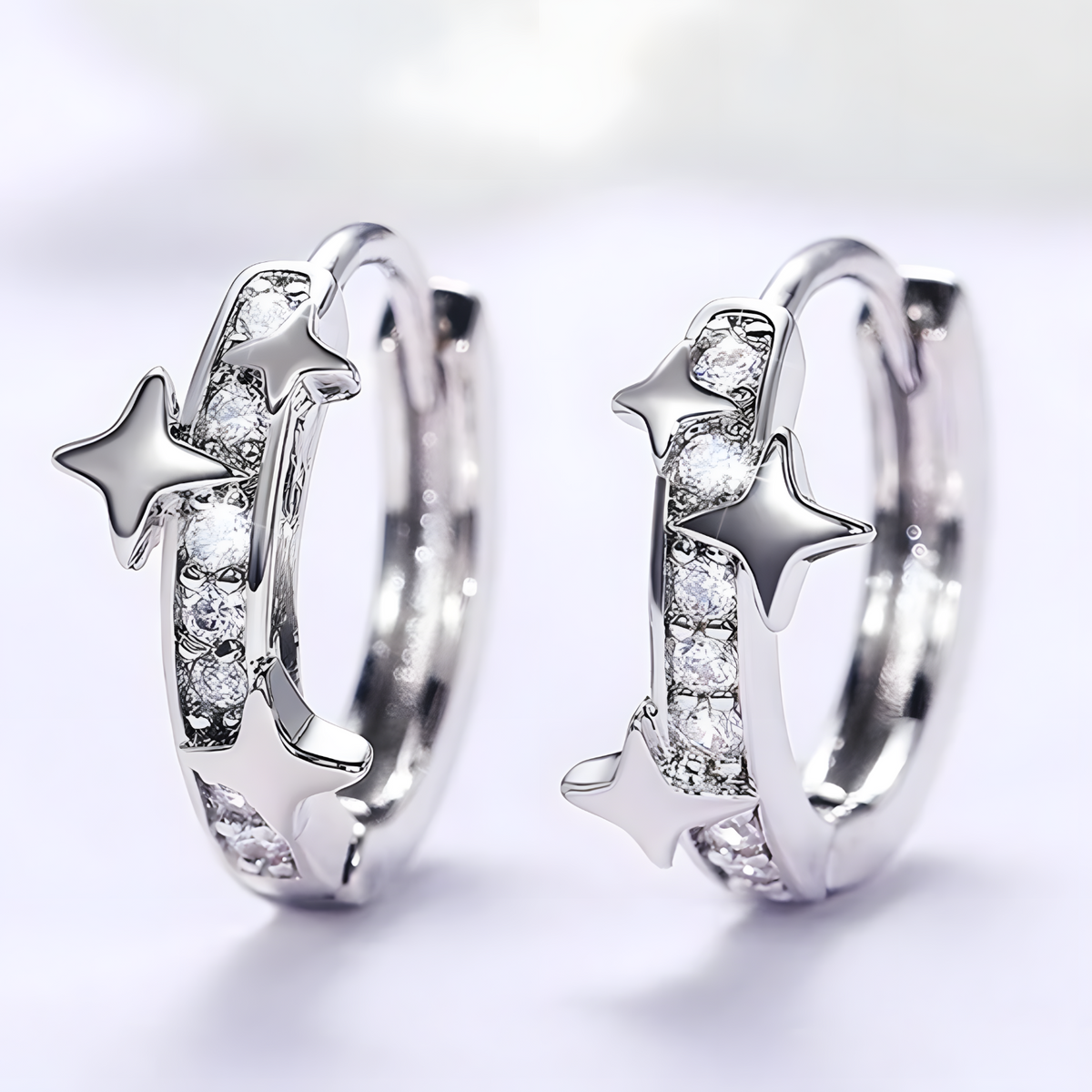Crystal Star Huggie Hoop Earrings, Sparkling CZ Star, Small Silver Hoop 328