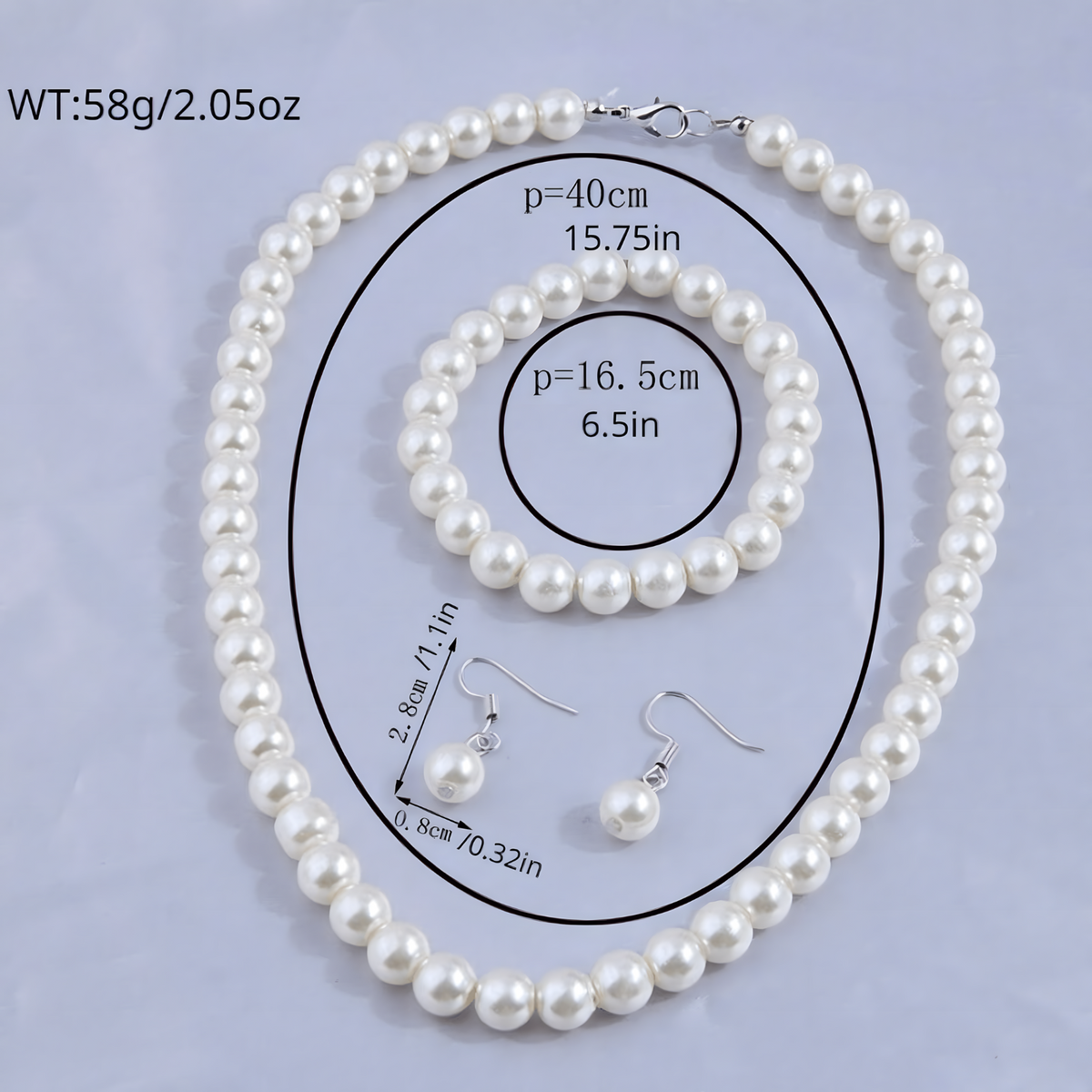 3 Piece Pearl Bead Jewelry Set - White Pearl Necklace, Bracelet & Earrings 714