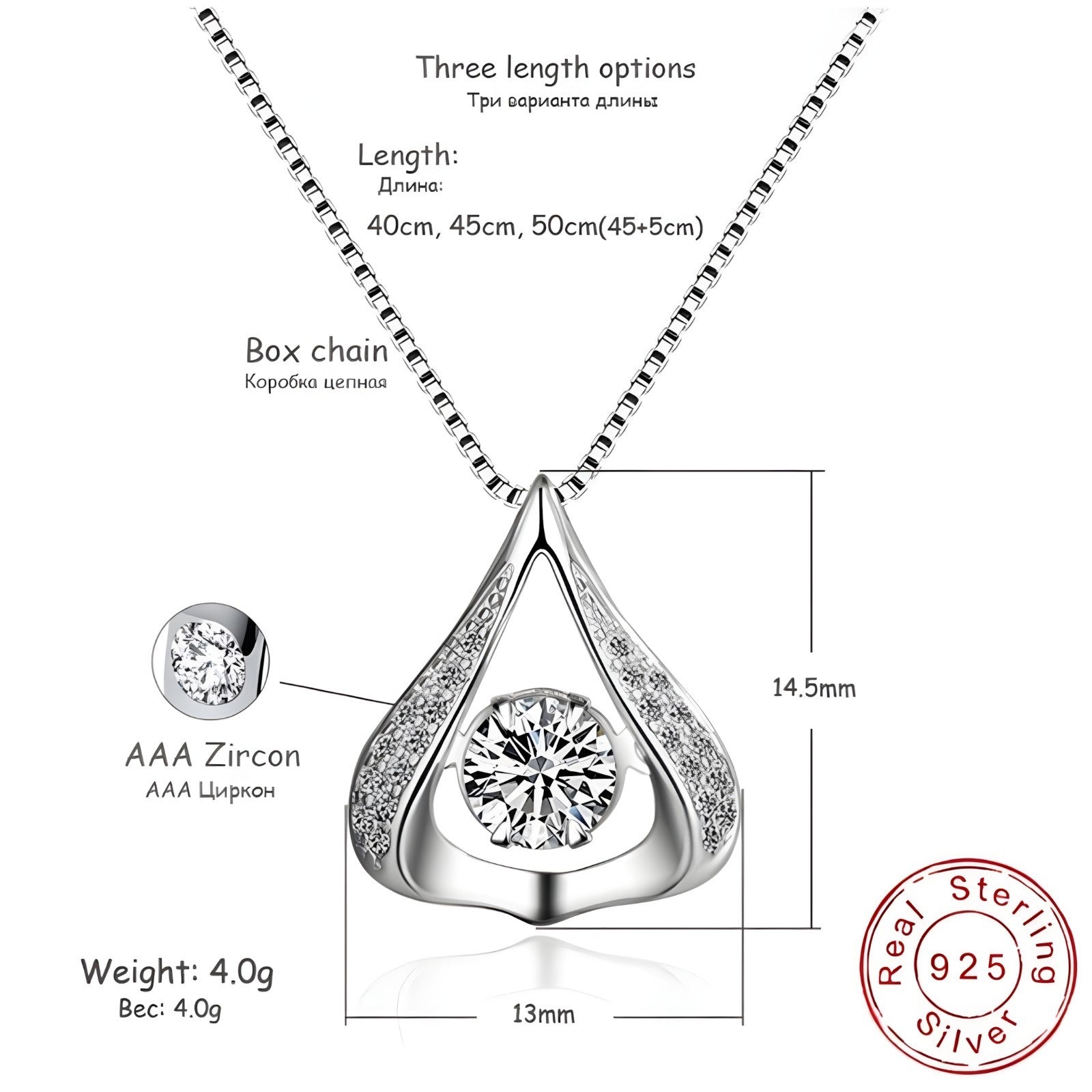 925 Sterling Silver Beating Heart Necklace for Women -Water Drop Crystal AAA 404