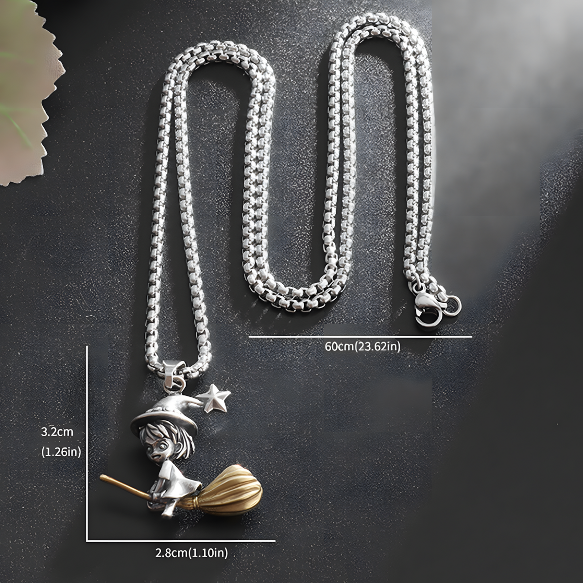 Witch Broom Pendant Necklace Unisex Zinc Alloy Magic Girl Charm, Vintage 1233