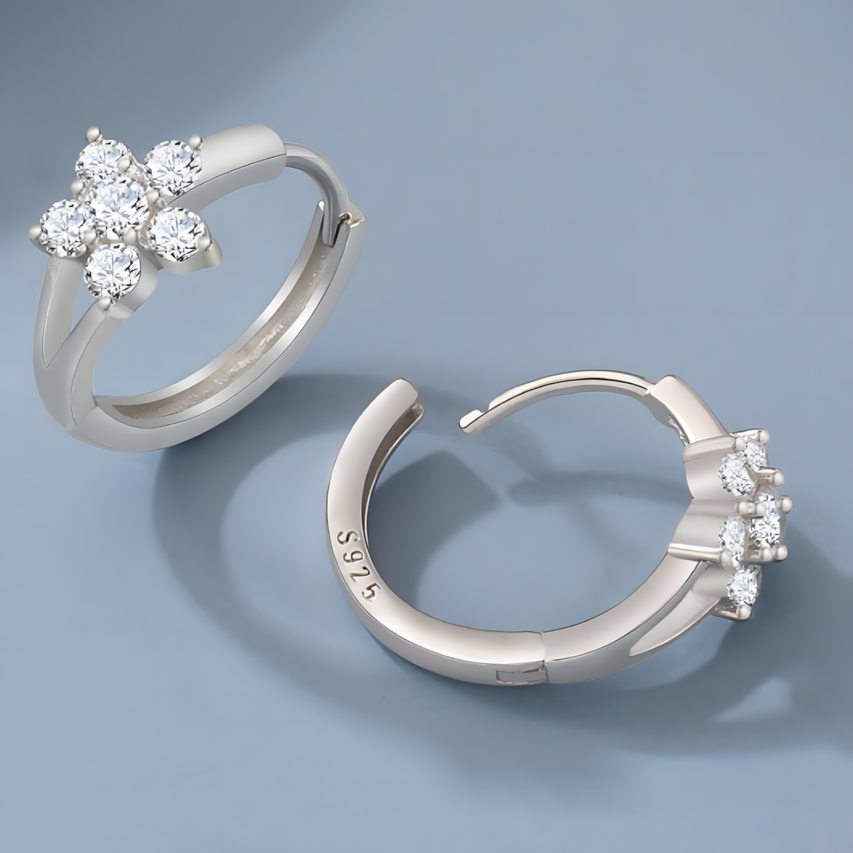 925 Silver-Plated Flower Zircon Hoop Earrings for Women Dainty Floral Huggie 935