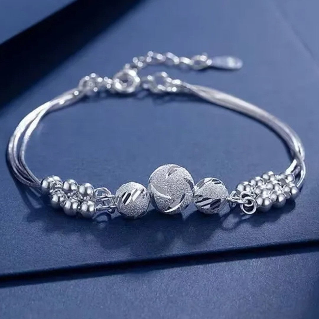 925 Sterling Silver Multi-Strand Snake Chain Bracelet Women Textured Beads 415