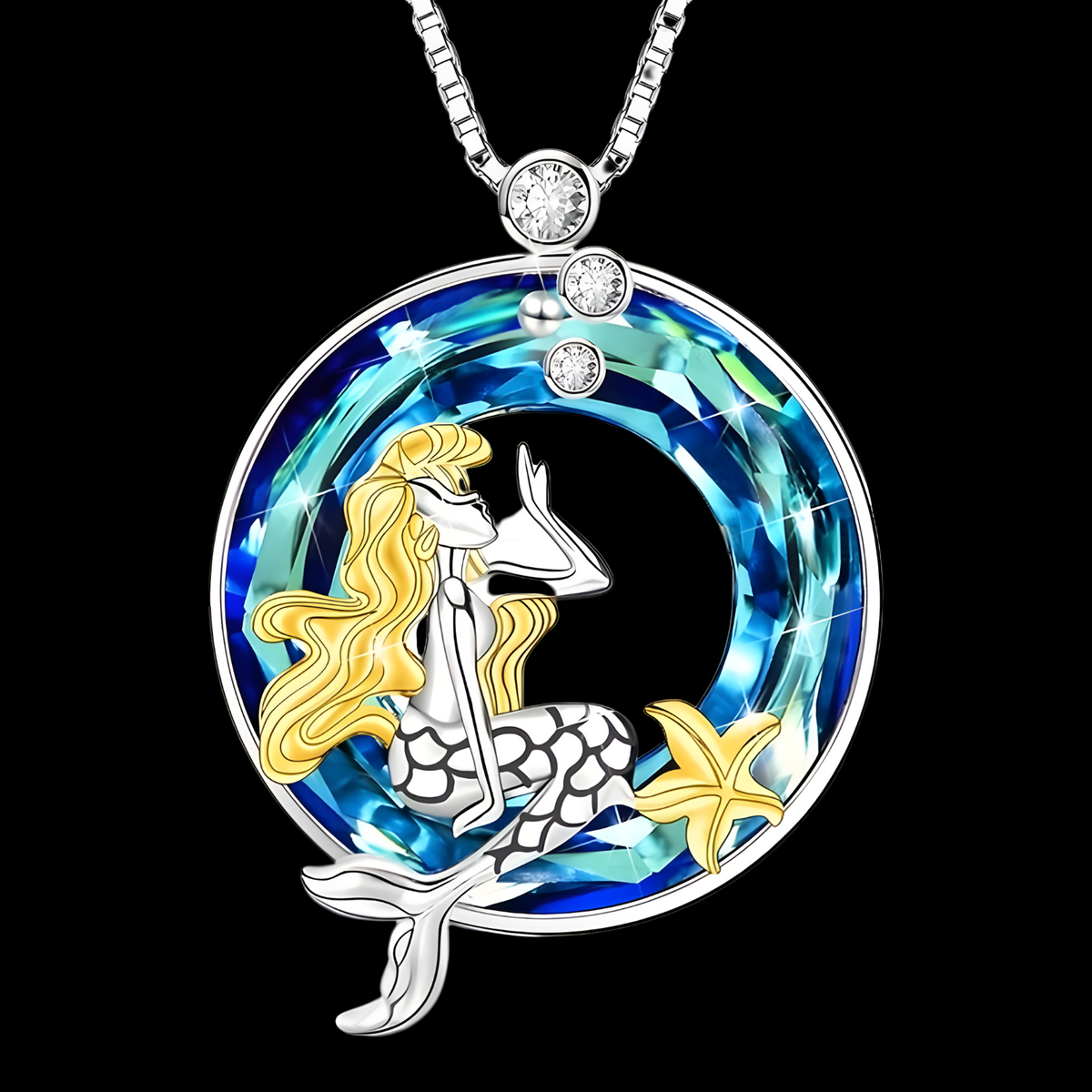 Enchanting Mermaid Blue Crystal Sterling Silver Necklace Perfect Ocean Lover B74