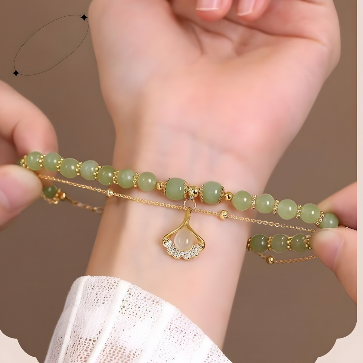 Elegant Pale Green Jade Beaded Bracelet, Gold Tone Adjustable Chain, Lotus 1741