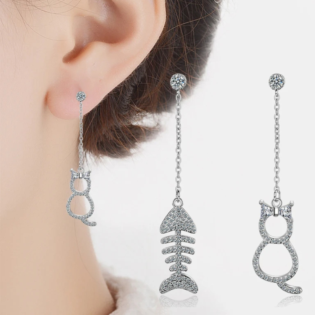 Exquisite Cat & Fishbone Mismatch Drop Earrings Women Sparkling CZ Accents 297