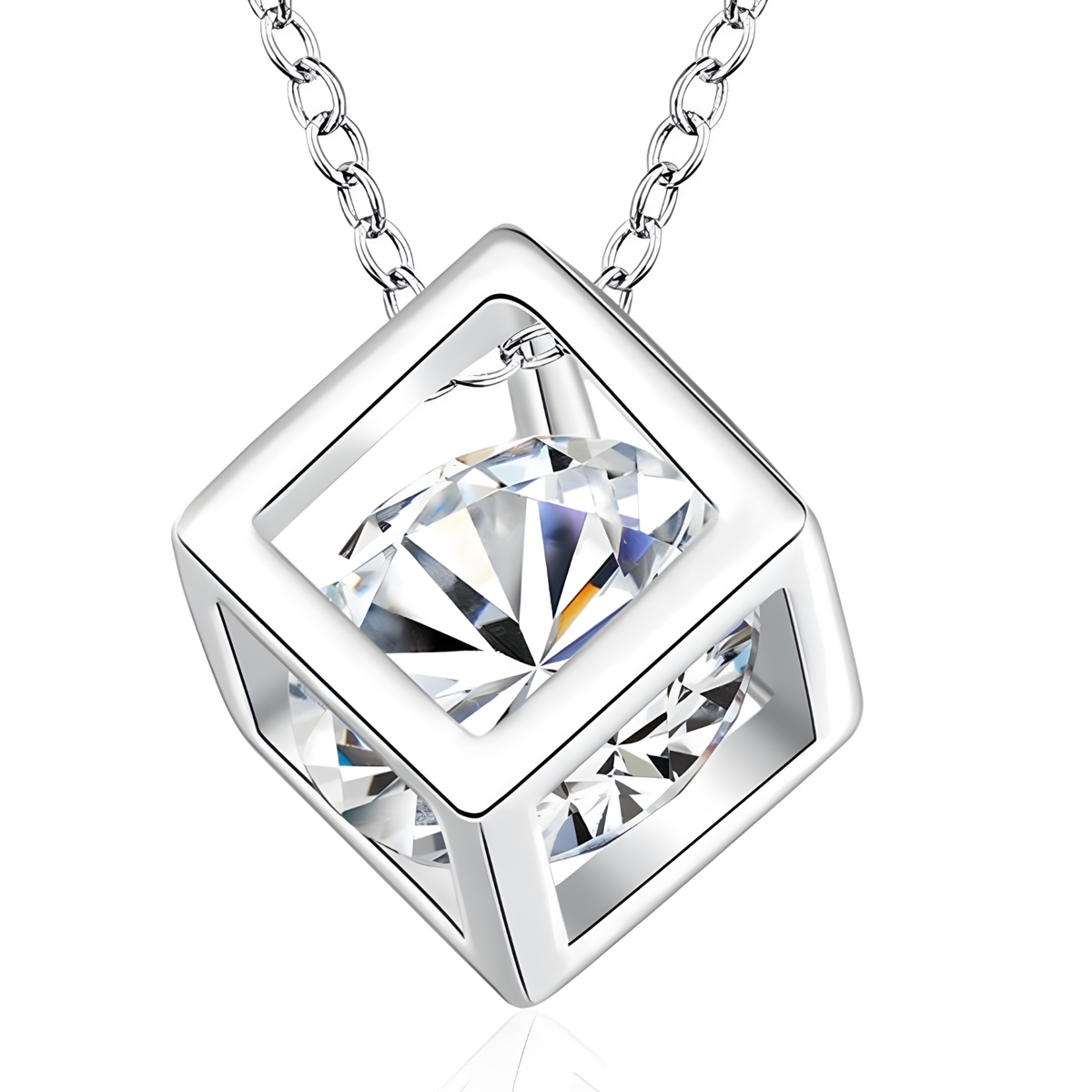 Silver-Plated Geometric Cube Necklace Women – Zircon Crystal Pendant, Link 839