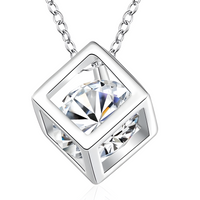 Silver-Plated Geometric Cube Necklace Women – Zircon Crystal Pendant, Link 839
