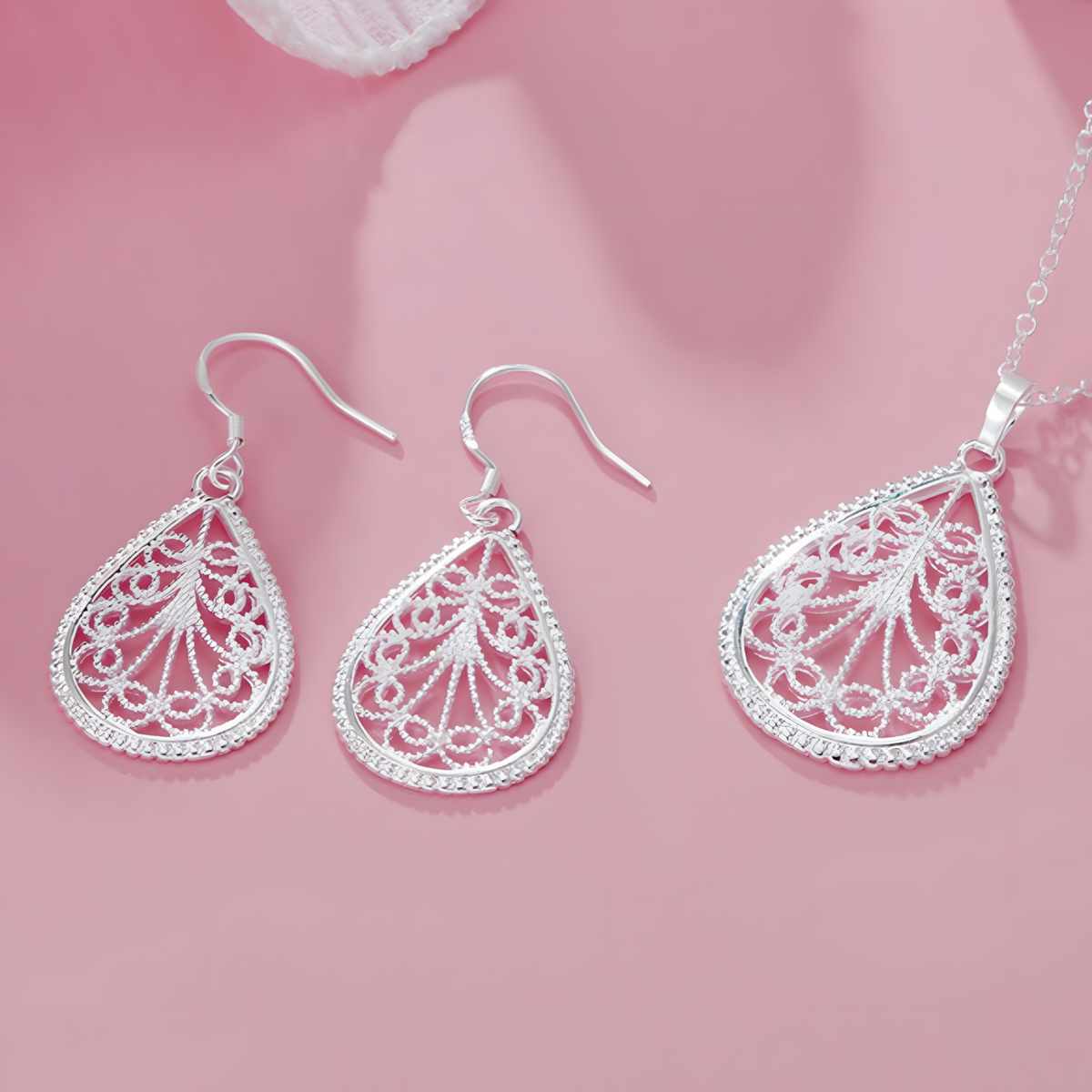 Water Drop Pendant Necklace and Earring Set-Copper Alloy 925 Silver Plating 1202