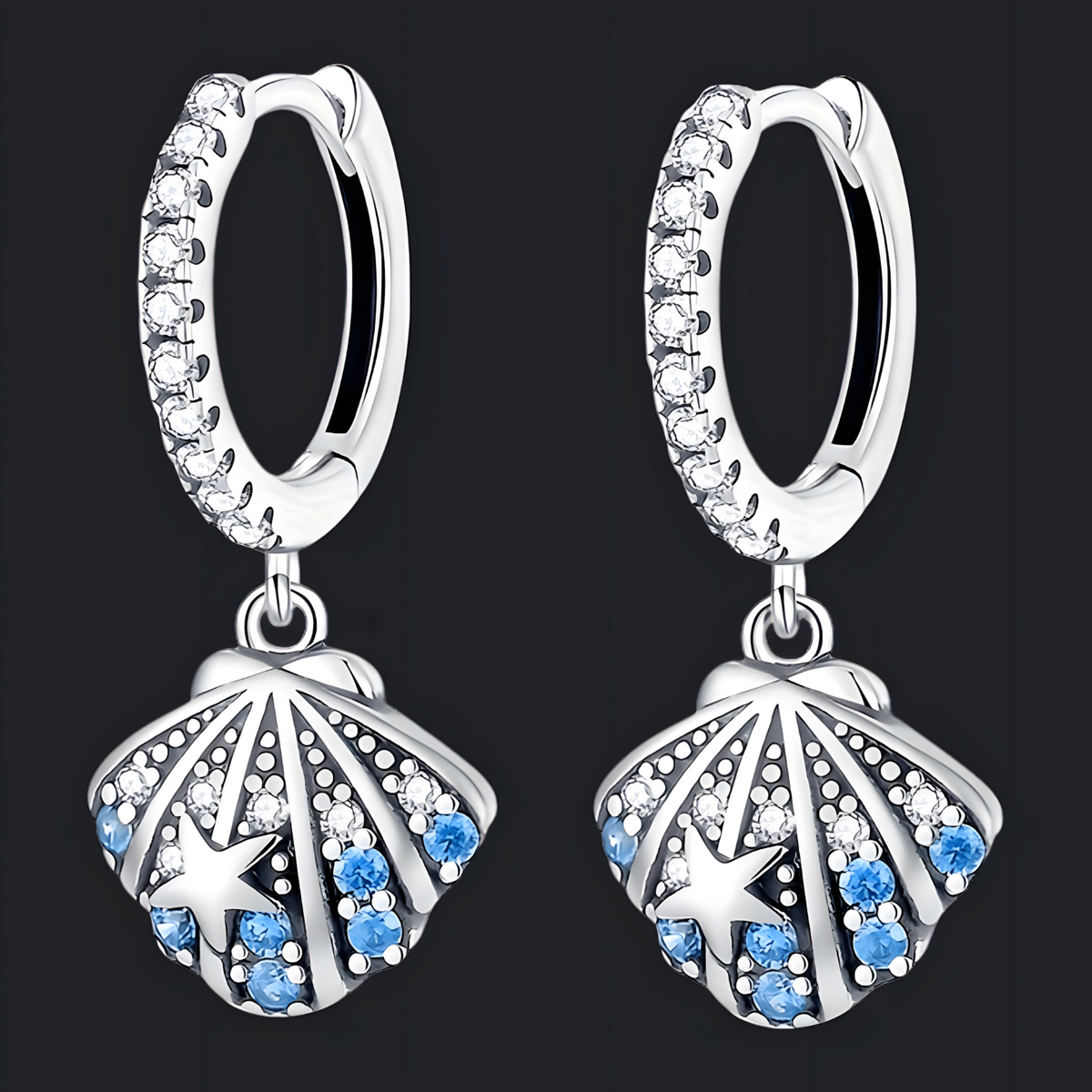 S925 Sterling Silver Blue Sea Shell Earrings for Women Real Zircon Starfish 828