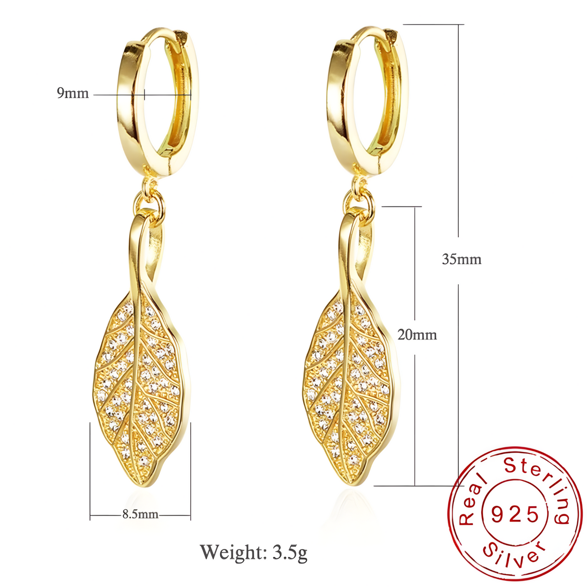 Gold Leaf Drop Hoop Earrings for Women, 925 Sterling Silver Zircon Dangle 301
