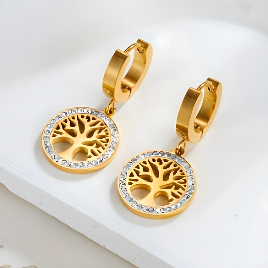 Tree of Life Drop Earrings – 18K Golden Plated Stainless-Steel Hoops 739