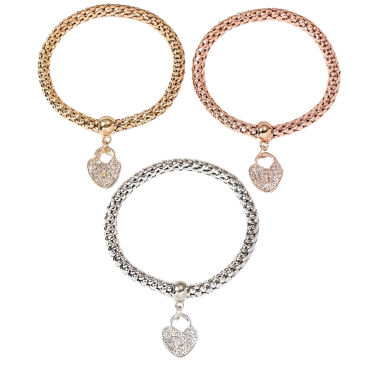 3-Piece Heart Charm Bracelet Set for Women – Rose Gold, Silver & Gold Plated 697