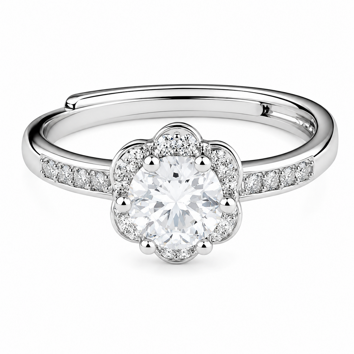 Elegant Adjustable Zircon Halo Ring, Round Brilliant Floral Engagement 1627
