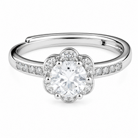 Elegant Adjustable Zircon Halo Ring, Round Brilliant Floral Engagement 1627