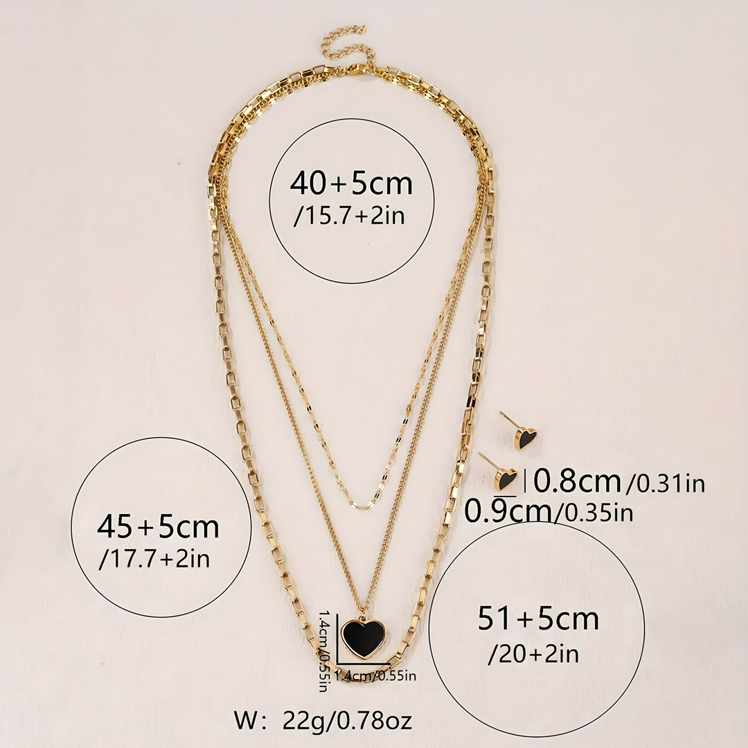3PCS Stainless Steel Black Heart Necklace Earrings Set MultiLayer Gold Chain 718