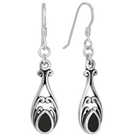 925 Sterling Silver Vintage Teardrop Filigree Dangle Earring with Black Onyx 153