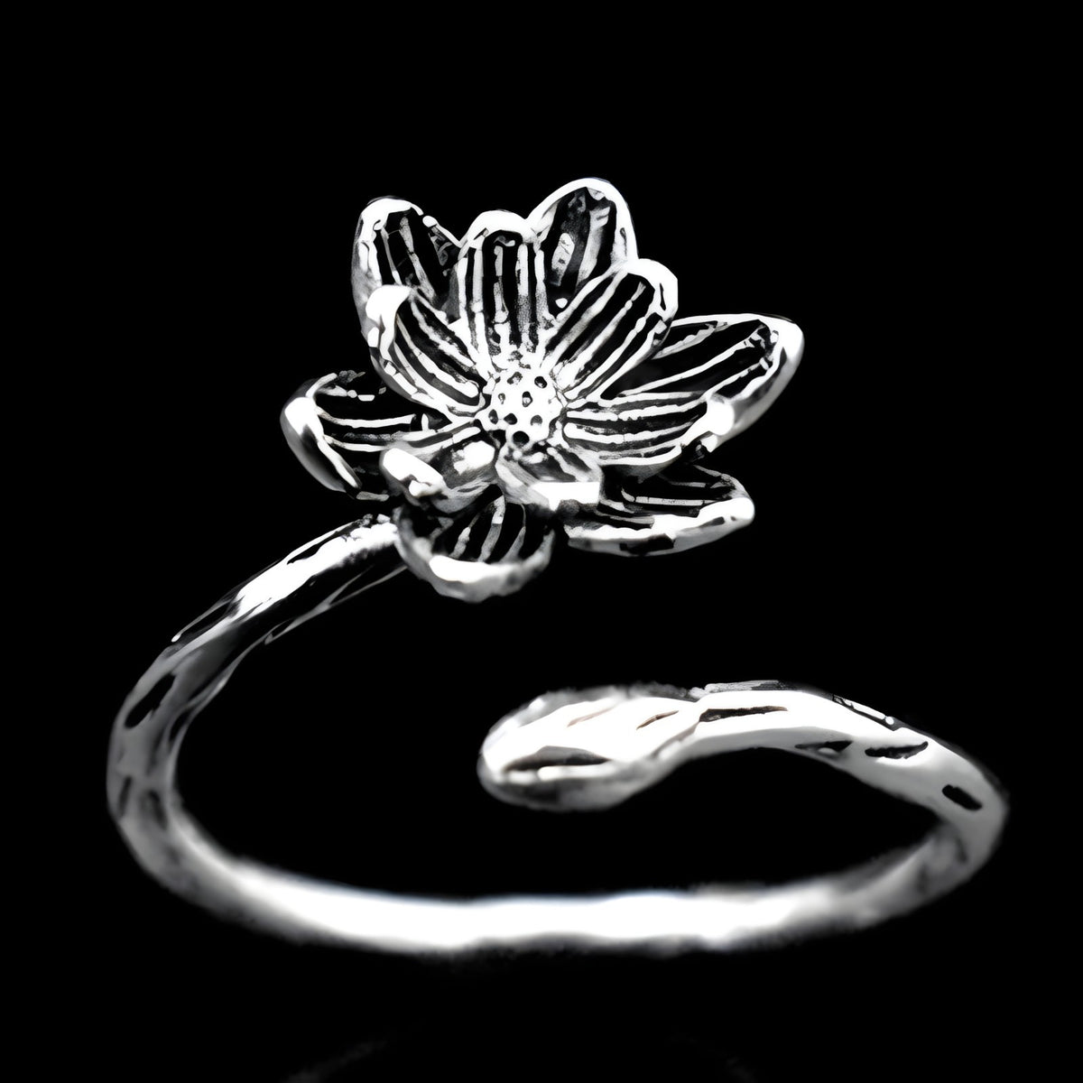 925 Sterling Silver Lotus Flower Ring (Adjustable) - Bohemian Vintage Floral 387