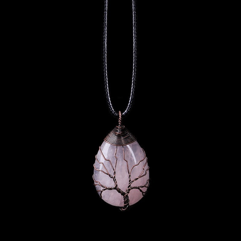 Pink Crystal Tree Of Life Pendant Necklace Oval Pink Crystal Energy Healing 1349