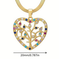 Gold Heart Pendant Necklace with Tree of Life Design, Embellished Crystals 144