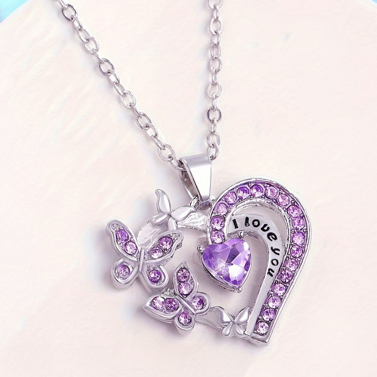 Purple Heart Butterfly "I Love You" Necklace | Silver Tone Pendant | Gift B9