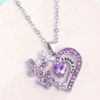 Purple Heart Butterfly "I Love You" Necklace | Silver Tone Pendant | Gift B9