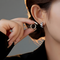 925 Sterling Silver Huggie Hoop Earrings Women Black & White Zircon Inlay 318