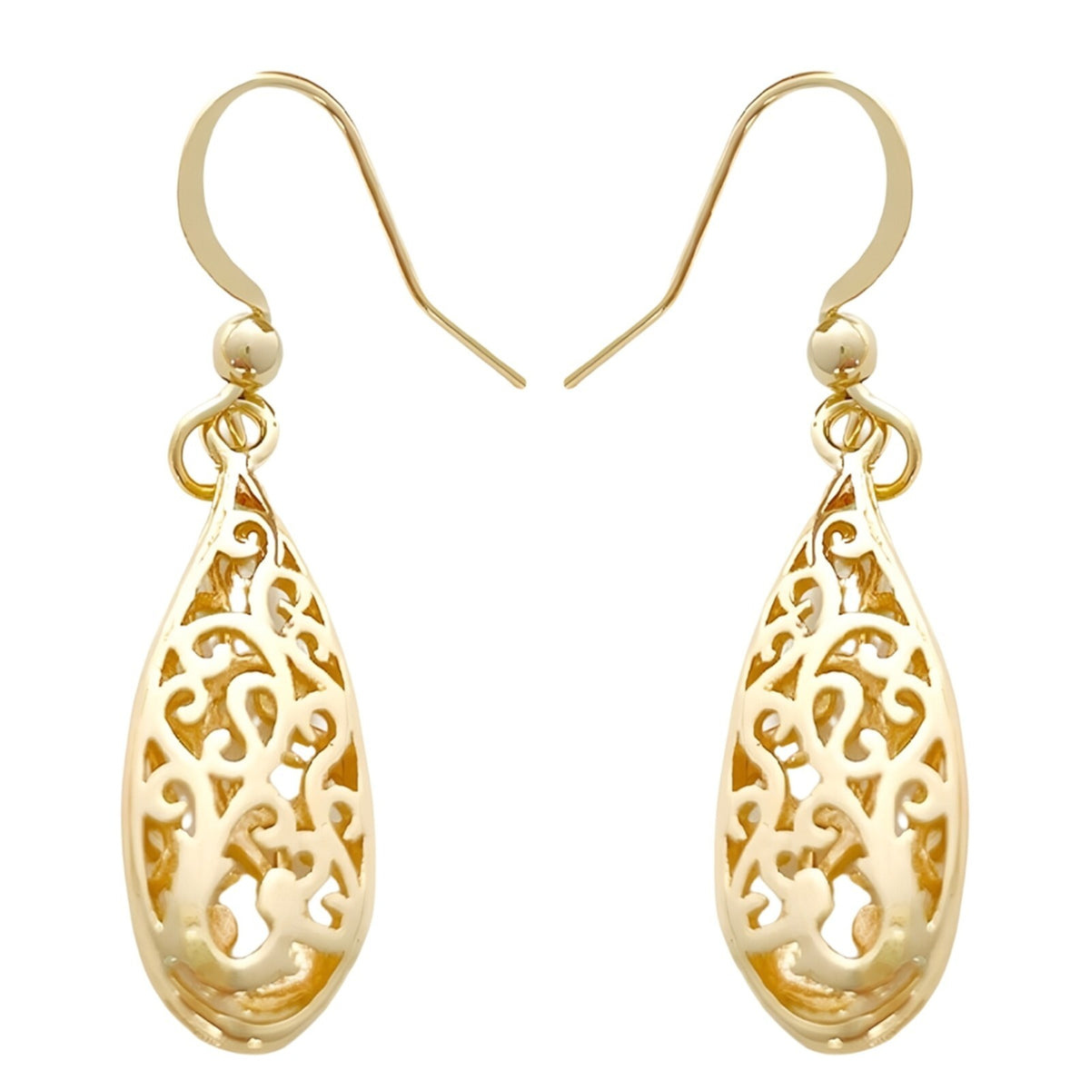 Gold Plated Brass Filigree Teardrop Dangle Earing Elegant Lightweight Design B19