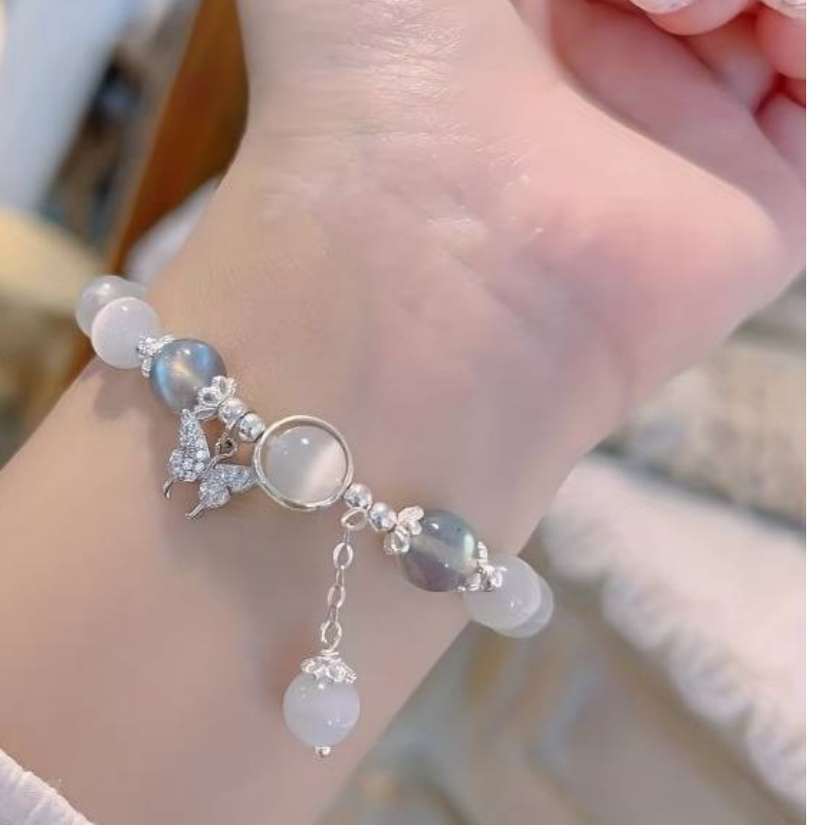 Elegant Gray Moonstone Butterfly Charm Bracelet: Handmade with Love 139