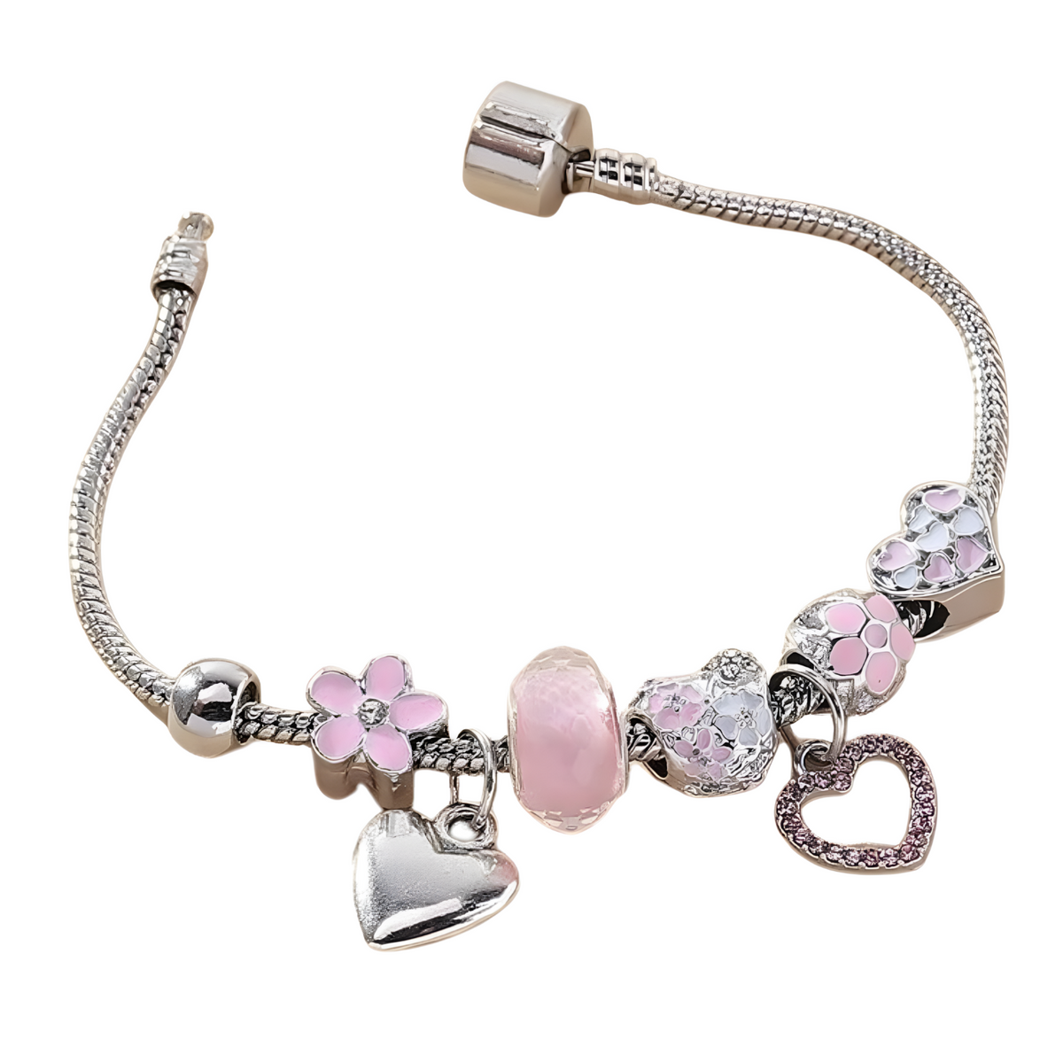 Obega Love Heart Flower Glass Pendant Charm Bracelet Classic Pink White B186