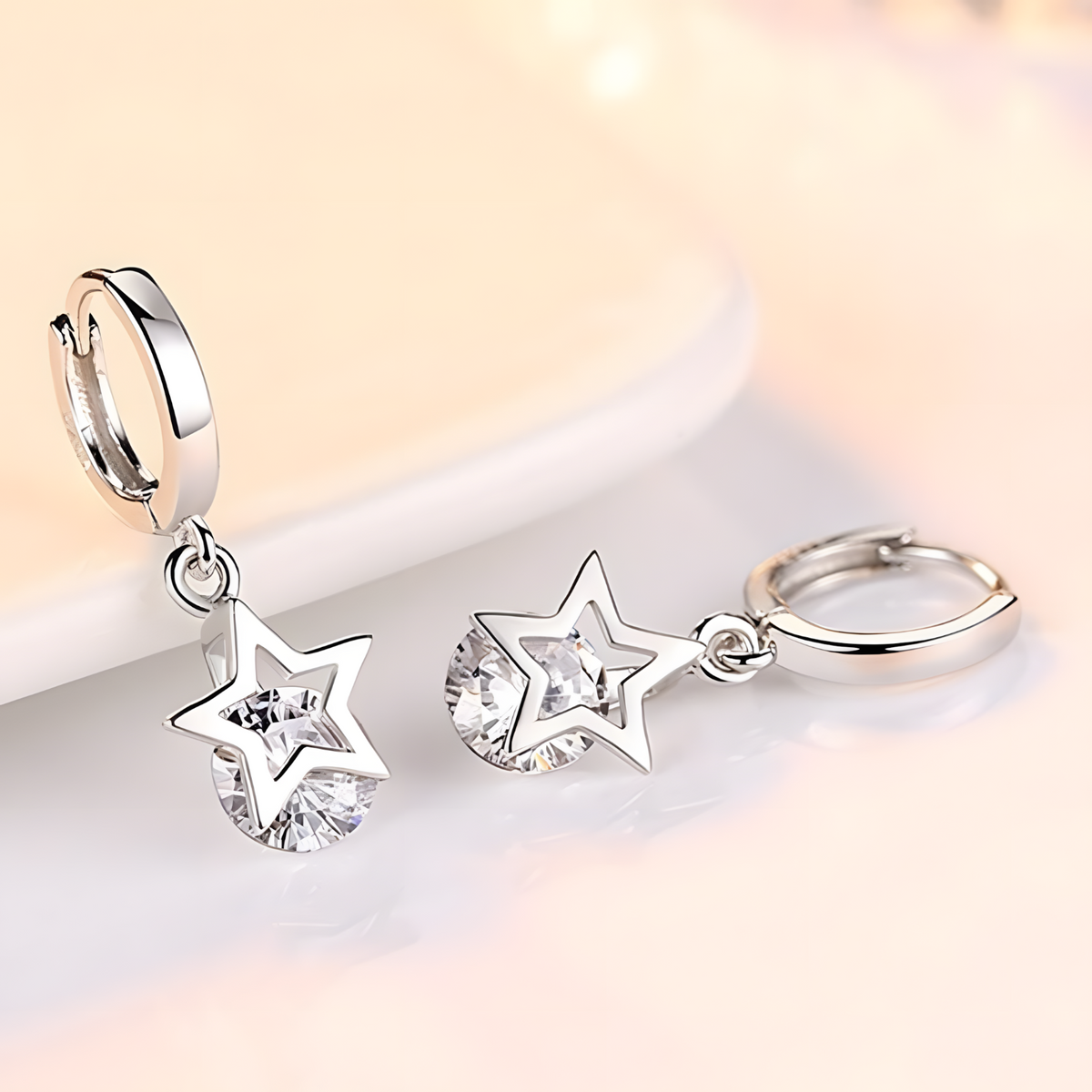Crystal Star Hoop Earrings Women – Trendy Silver-Tone Huggie Dangle Earrings 998