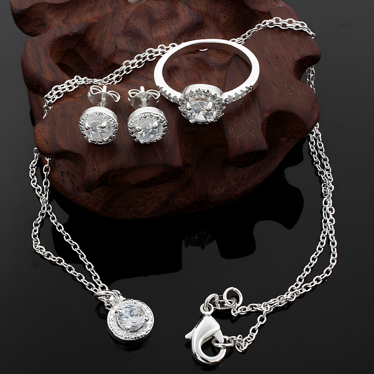 925 Silver-Plated Round Zircon Jewellery Set Halo Necklace, Earrings & Ring 846