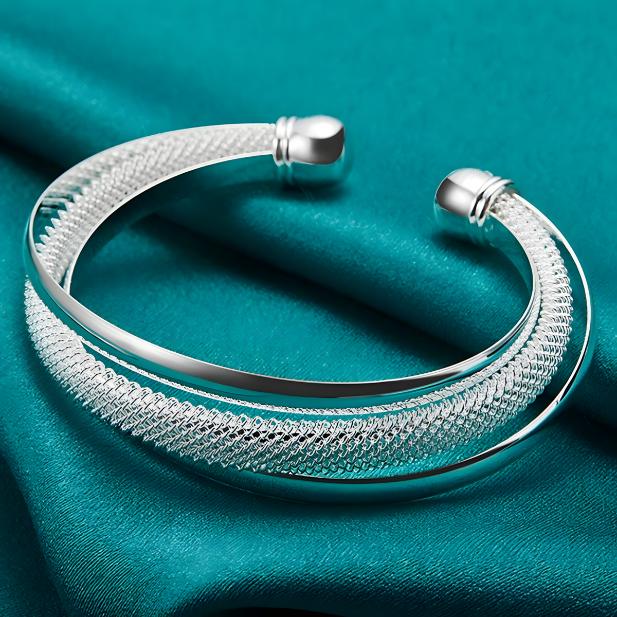 925 Sterling Silver Multi-Strand Mesh Open Cuff Bangle Bracelet for Women - 407