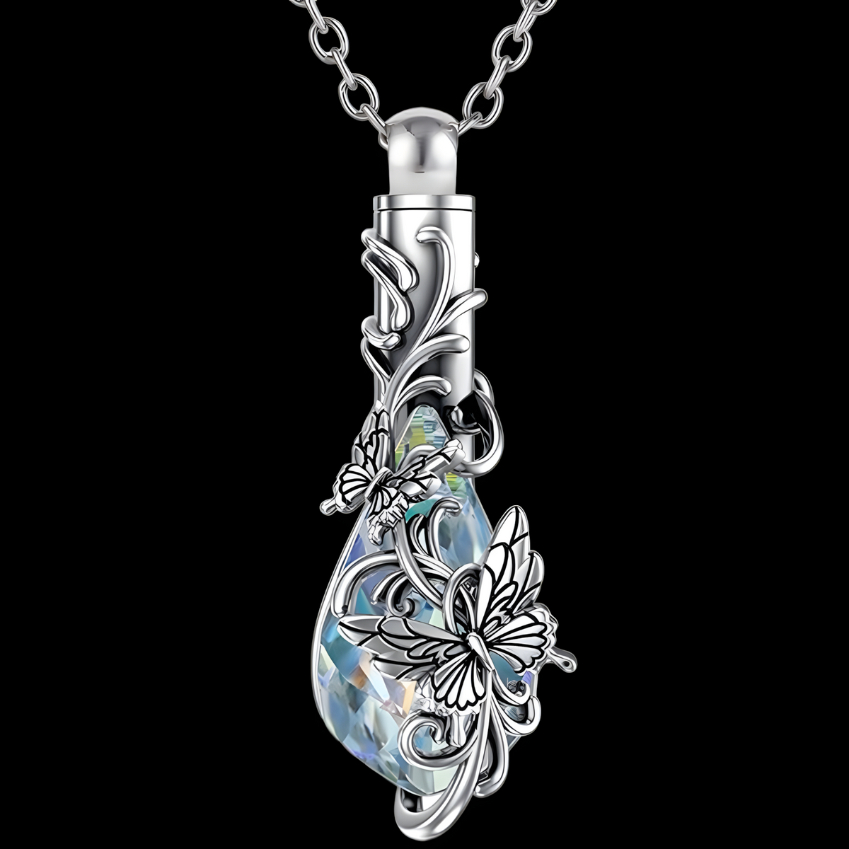 Butterfly Urn Cremation Necklace for Ashes Womens Tear Drop Crystal Keepsake B94