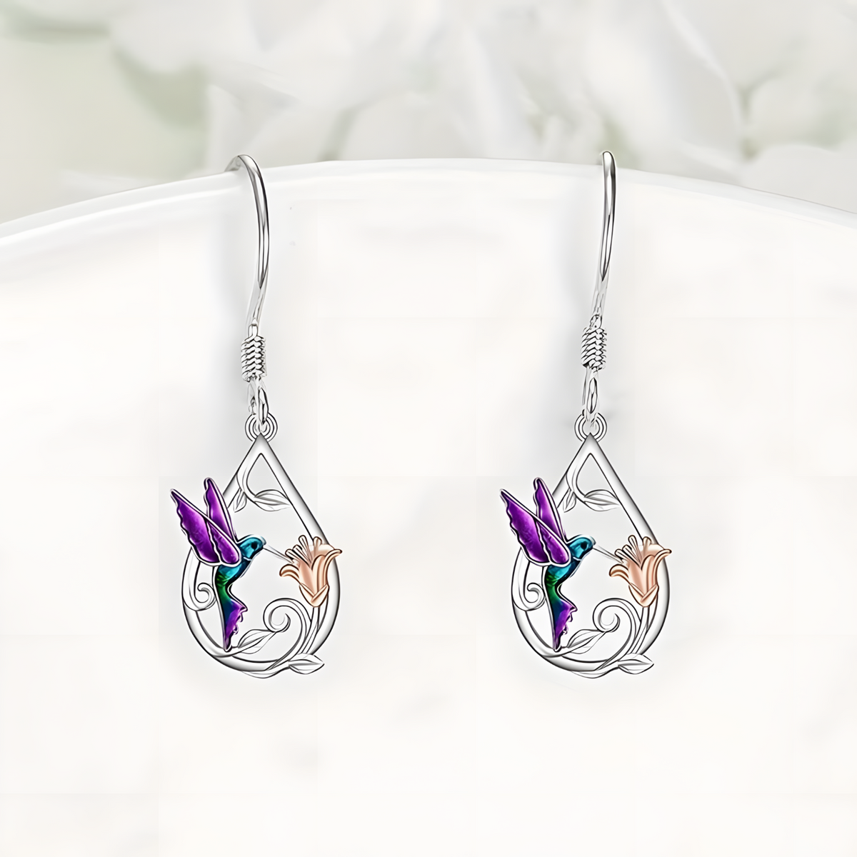 Silver Tone Hummingbird Flower Drop Earrings Vibrant Enamel Dangle Jewellery B10
