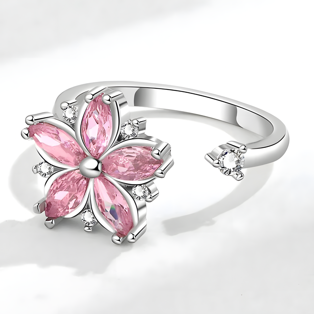 925 Sterling Silver Pink Zircon Rotatable Flower Adjustable Ring Spinning 365