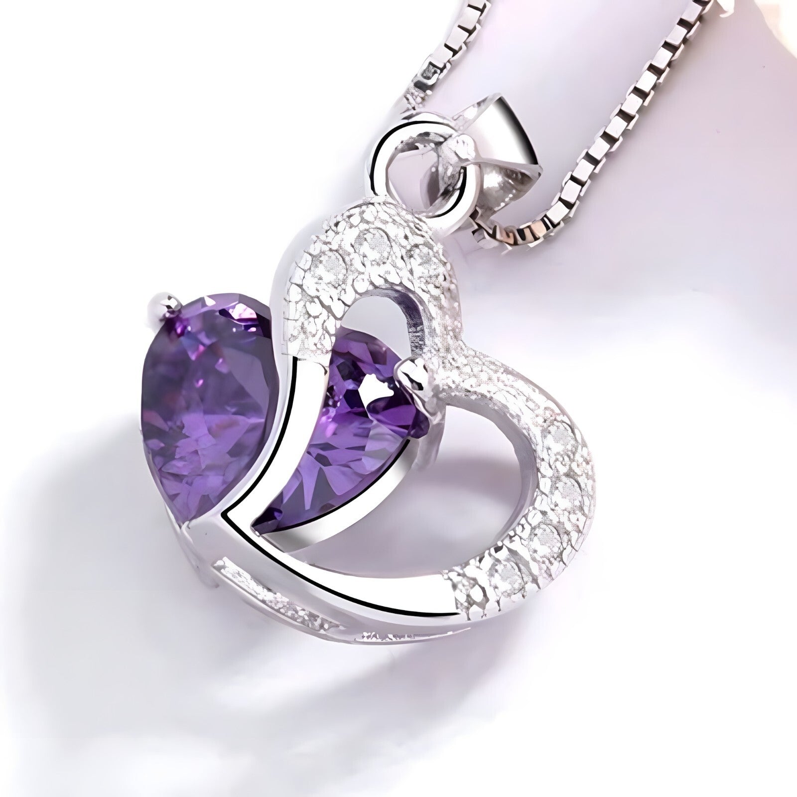 925 Sterling Silver Heart Necklace with Purple AAA Cubic Zirconia, Dainty  269