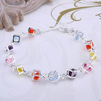 Silver Tone Cube Charm Bracelet with Colourful Rhinestone Crystals 417